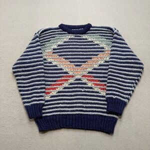 Vintage Hand Knit Sweater Mens Medium Navy Striped Chevron Wool Grandpa Crewneck